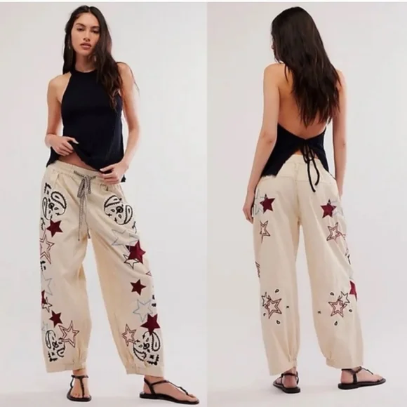 Free People Aria Star Embroidered Star Cream Pants  XL- petite - Picture 2 of 4